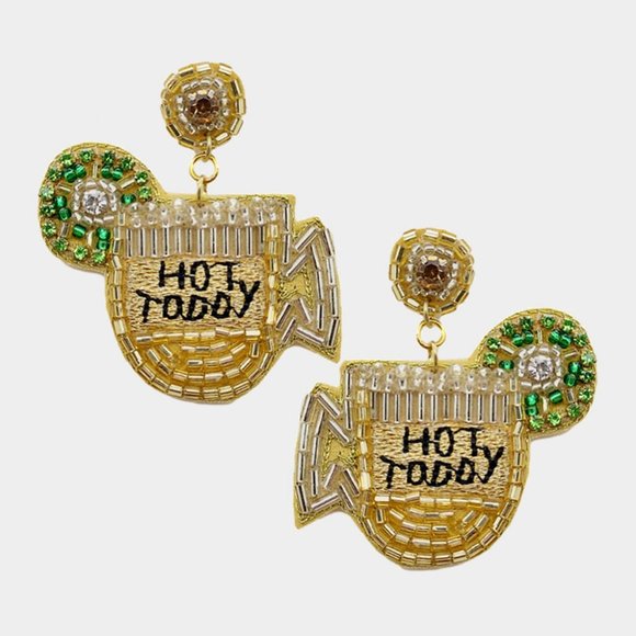 Hot Toddy Felt Back Beaded Cup Dangle Earrings, Drink Earrings, Party Earrings - Picture 1 of 1